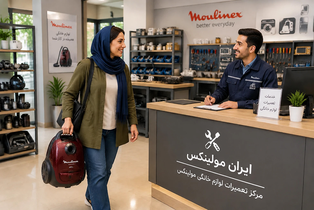 خانم در حال تحویل جاروبرقی مولینکس برای تعمیر در مرکز تعمیرات ایران مولینکس